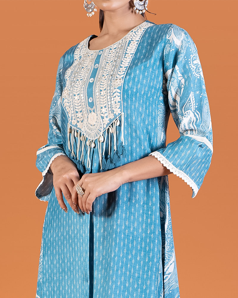 Blue Embroider Embellished Kurta and Pant Set