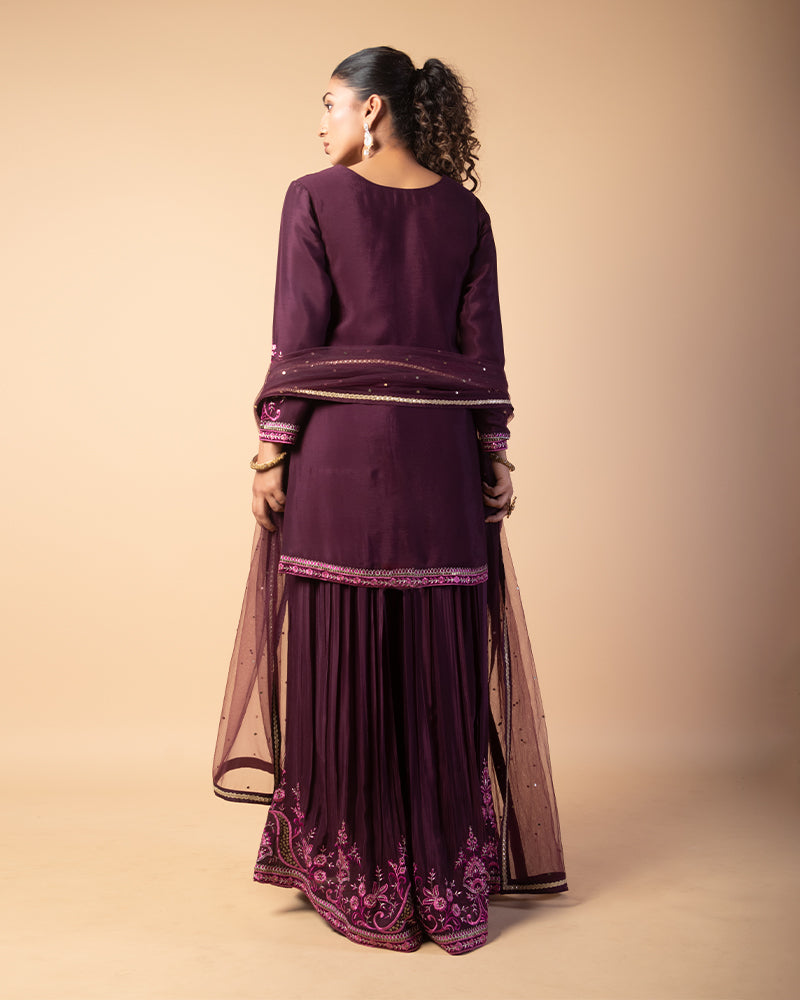 Wine Thread Floral Embroidered Kurti Palazzo Suit With Dupatta