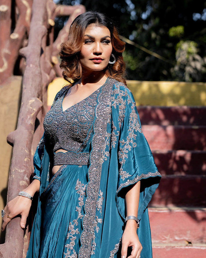 Peacock Blue Skirt Set With Attached Dupatta And Shrug