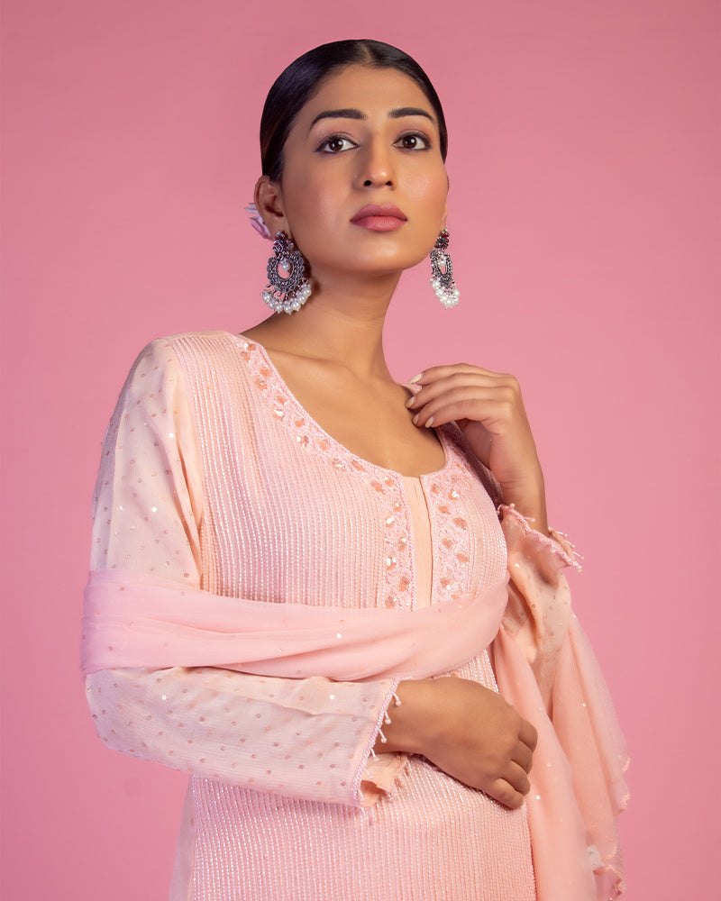 Pink Embroidered Sharara Set in Georgette with Dupatta