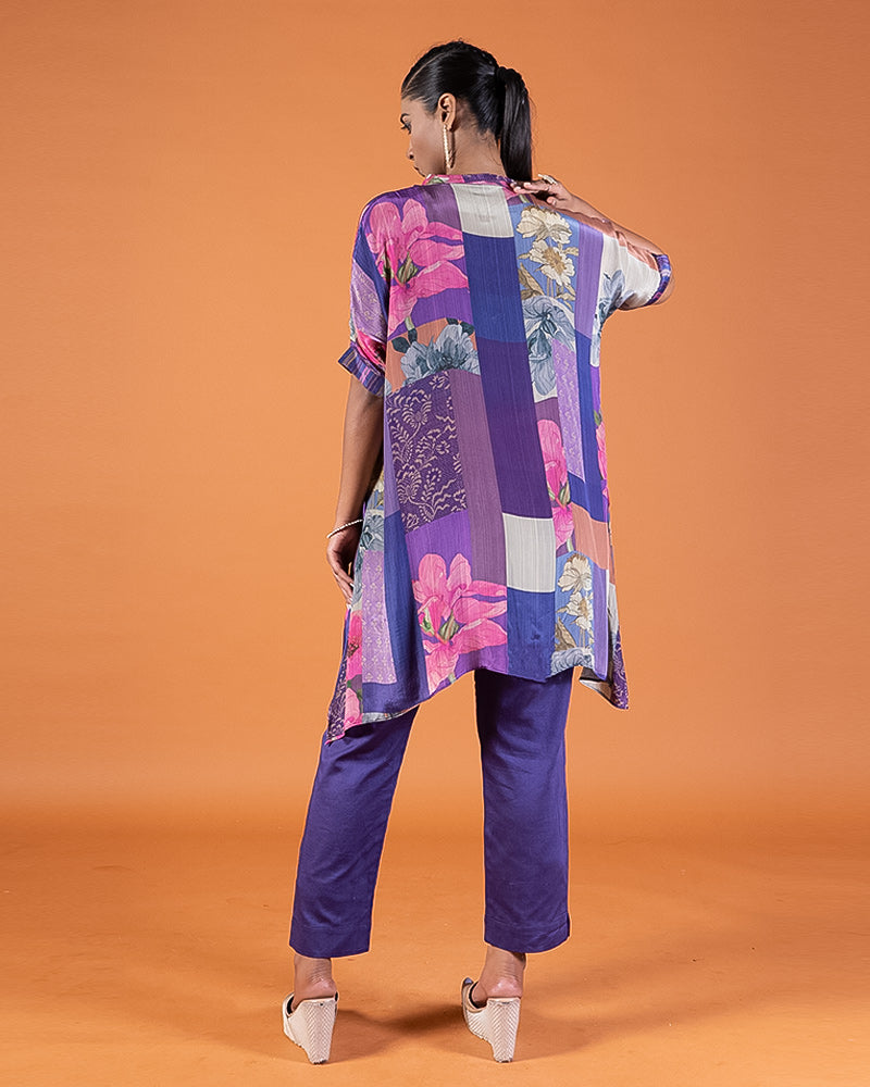 Purple Multi-Colored Patchwork Kurta with Embroidered Neckline and Matching Trousers