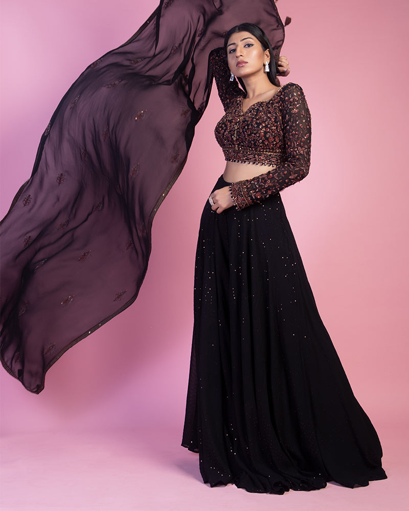 Black Floral Embroidered CropTop palazzo With Dupatta