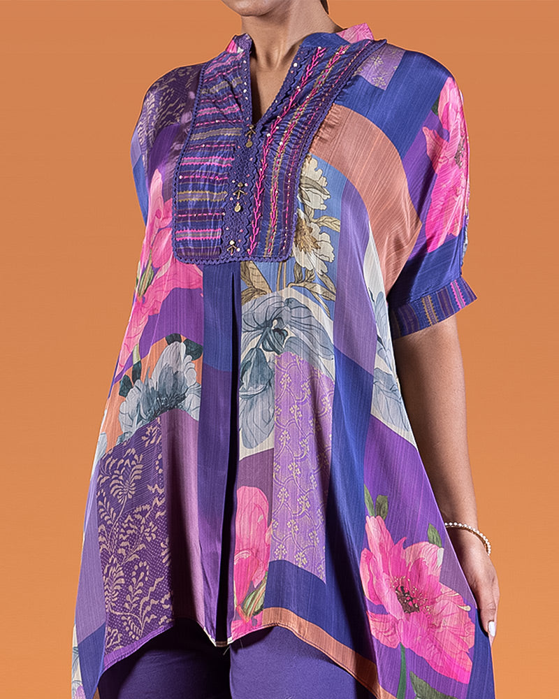 Purple Multi-Colored Patchwork Kurta with Embroidered Neckline and Matching Trousers