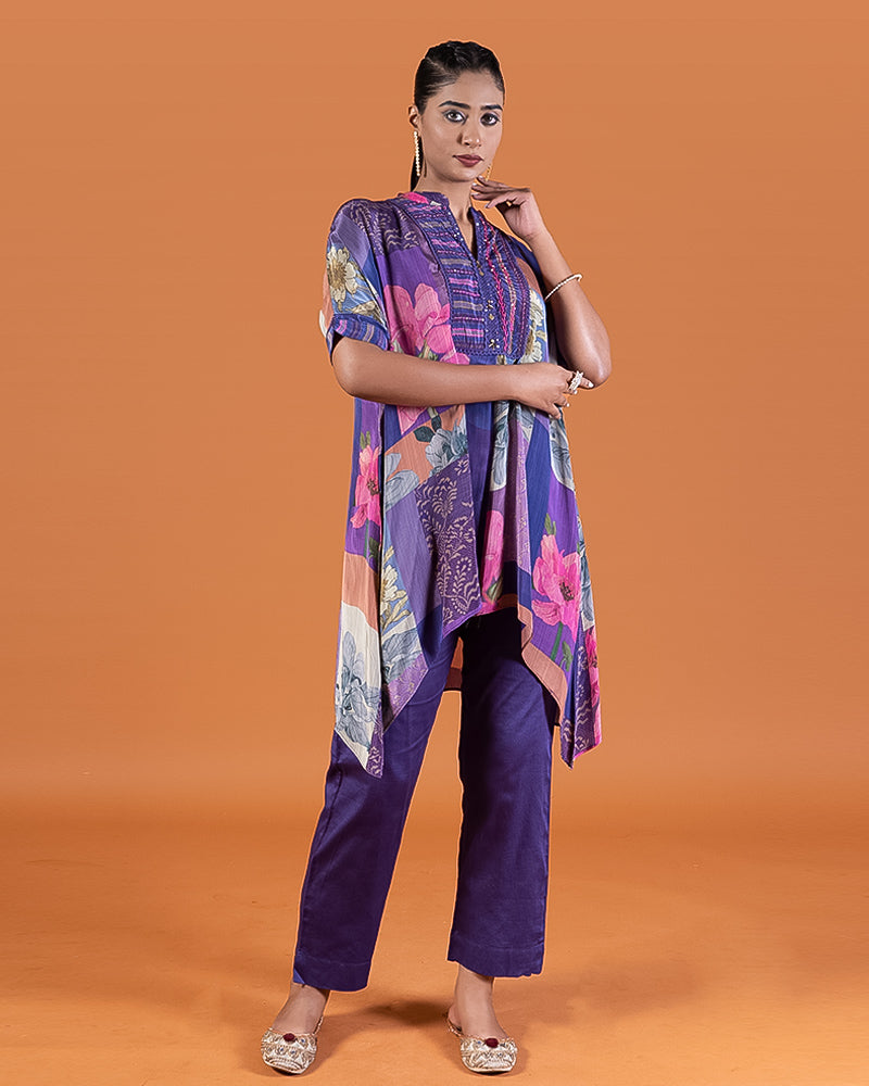 Purple Multi-Colored Patchwork Kurta with Embroidered Neckline and Matching Trousers