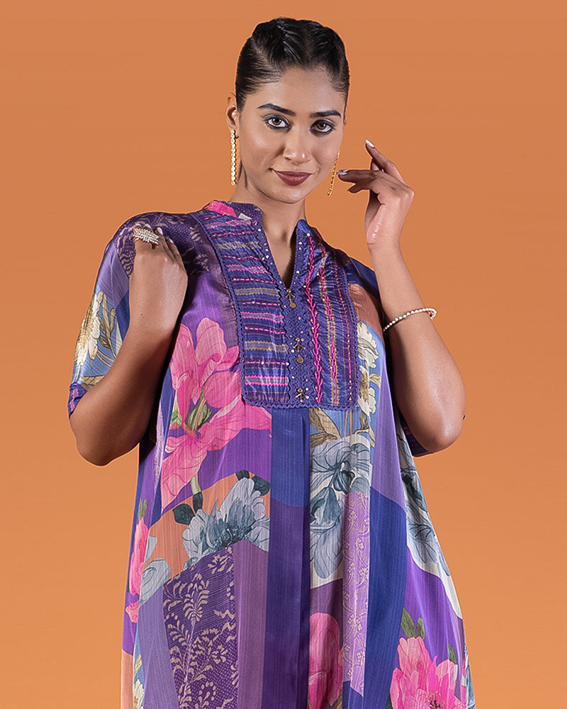 Purple Multi-Colored Patchwork Kurta with Embroidered Neckline and Matching Trousers