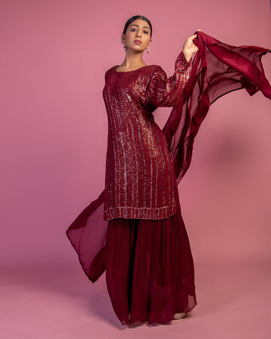 Maroon Sequins Embroidered Sharara Set with Dupatta