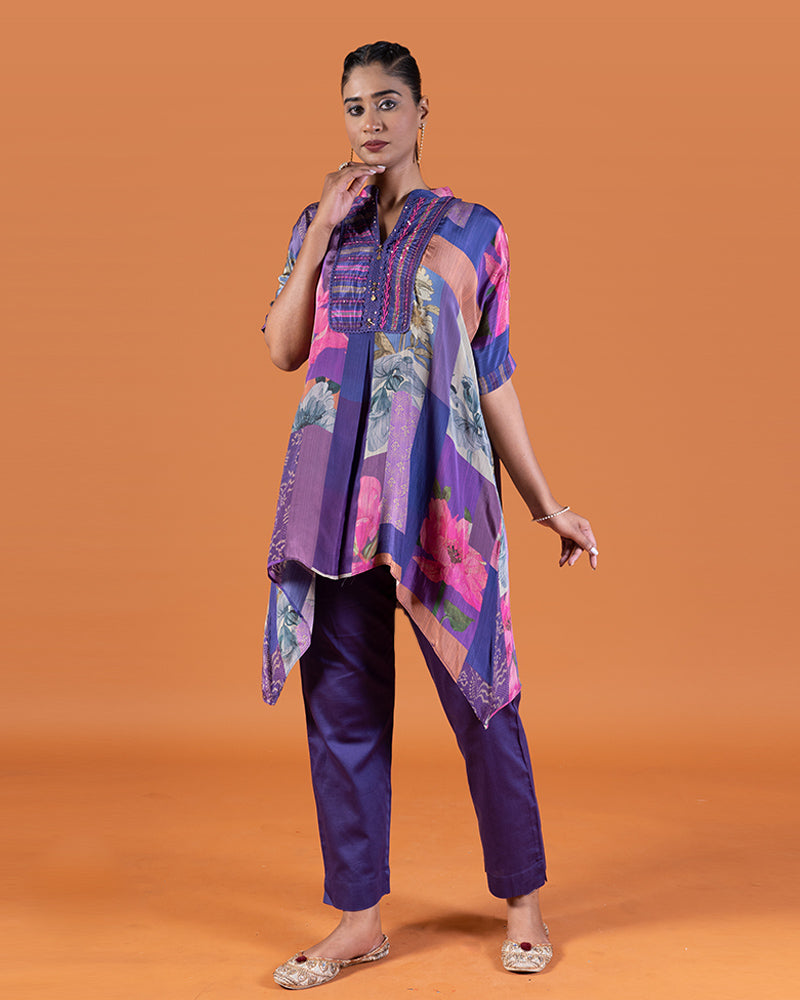 Purple Multi-Colored Patchwork Kurta with Embroidered Neckline and Matching Trousers