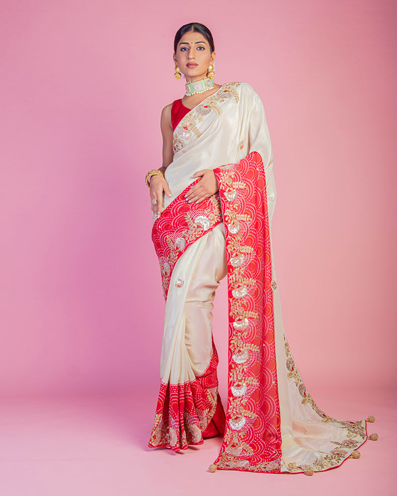 Cream Embroidered Saree With Broad Border