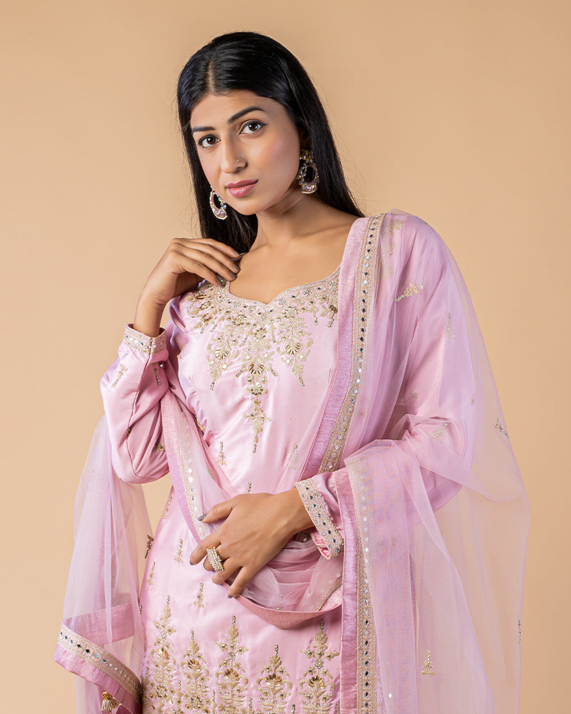 Faded Pink Embroidered Short Kurti Palazzo with Dupatta