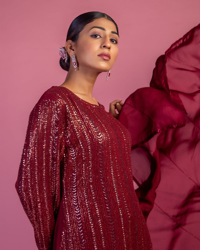 Maroon Sequins Embroidered Sharara Set with Dupatta