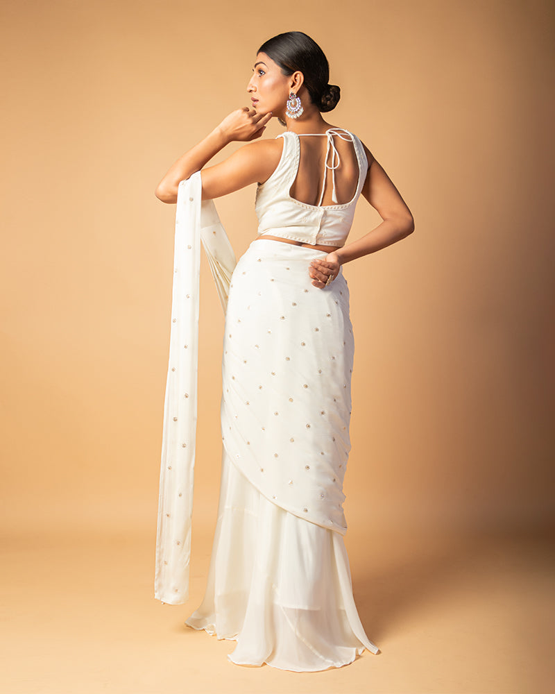 White Draped Skirt CropTop With Attached Dupatta