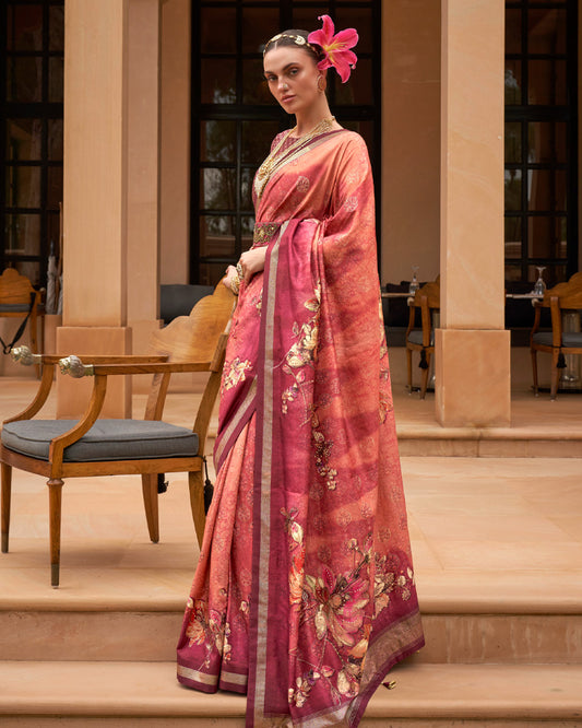 Faded Red Cotton Silk Saree With Unstitched Blouse