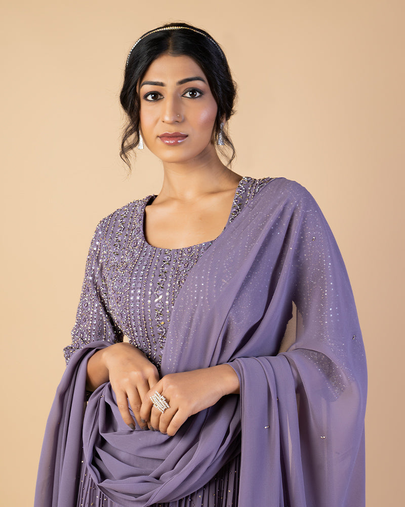 Faded Purple Embroidered Kurti Pant with Dupatta