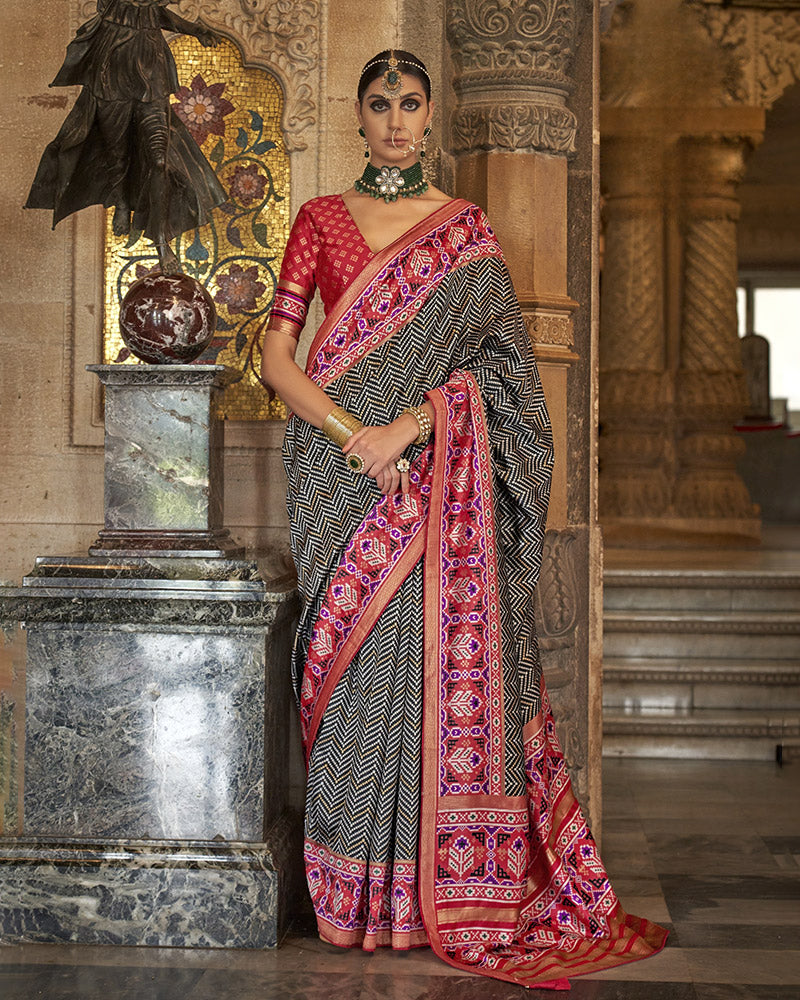 Black Printed Border Pure Patola Saree with Unstitched Blouse