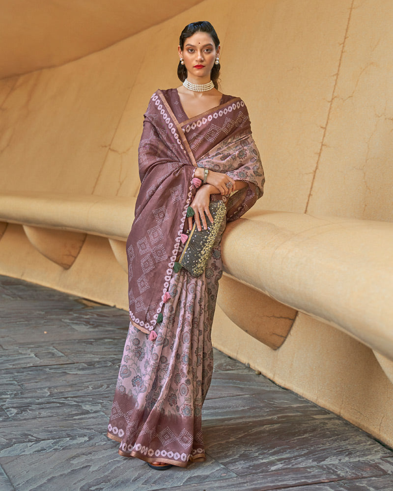 Dull Purple Printed Chiffon Saree With Madhubani Print Pallu and Unstitched Blouse Piece