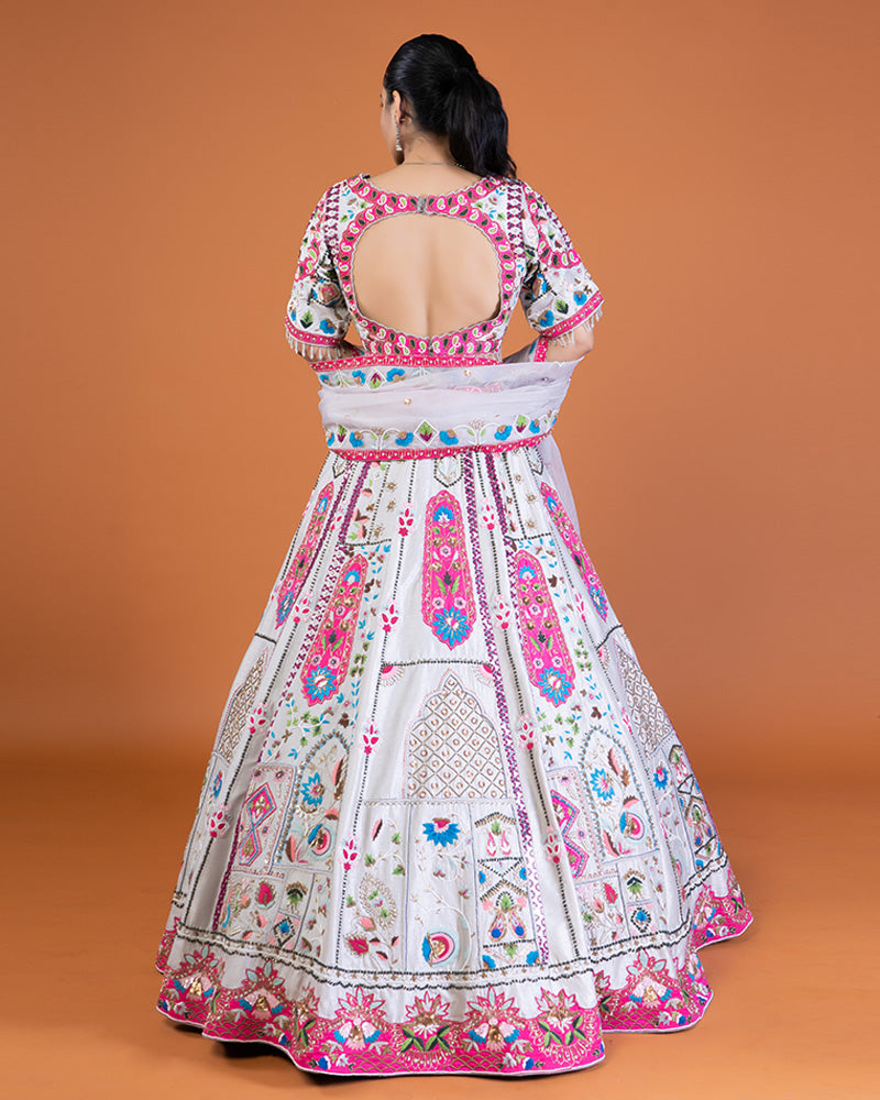 Gray Multicolored Floral Patchwork Embroidered Embellished Lehenga Choli with Dupatta