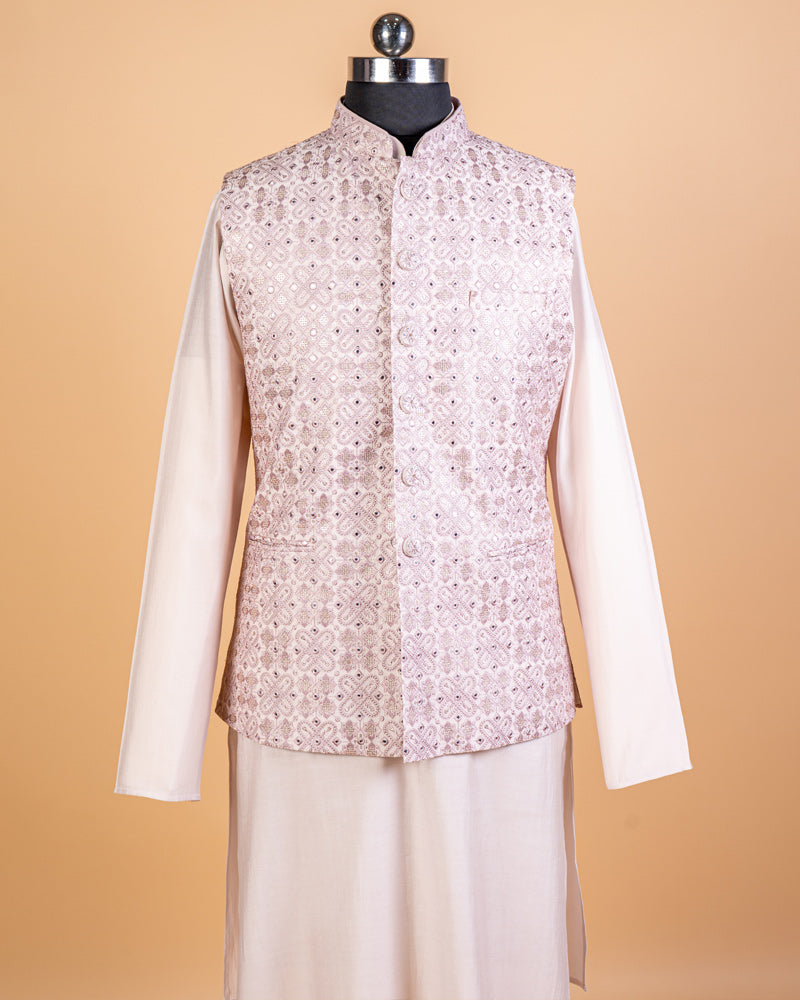 Light Pink Foil Kurta Pant Set With Embroidered Coat