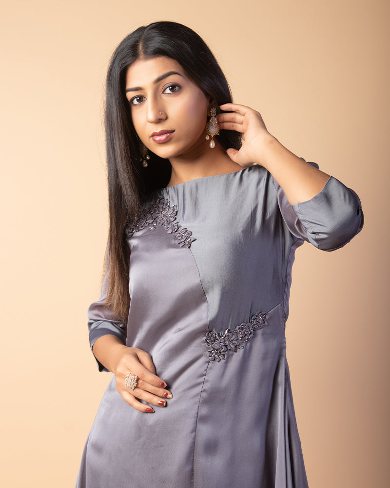 Dusty Grey  Floral Embroidered Kurta Palazzo