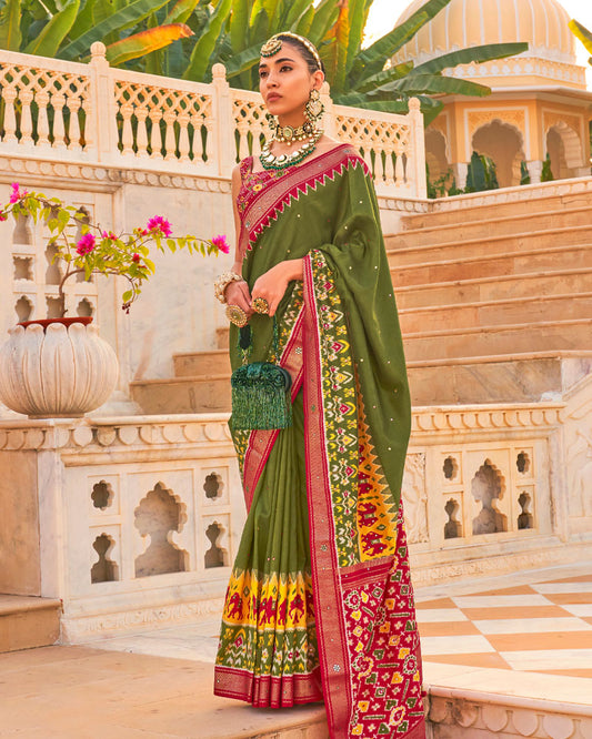 Muddy Green Elephants and Ikat Printed Saree With Unstitched Blouse