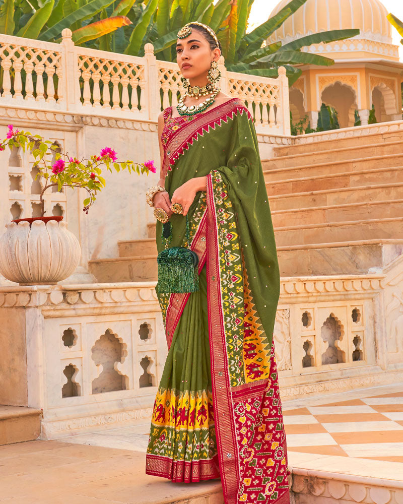 Muddy Green Elephants and Ikat Printed Saree With Unstitched Blouse