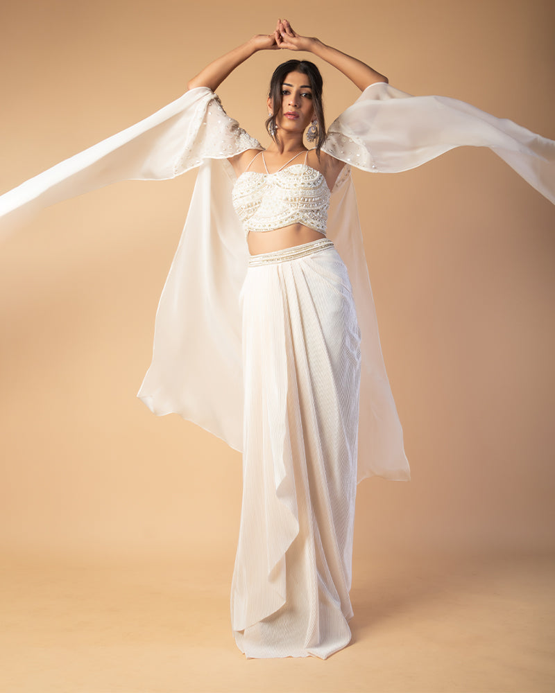 White Draped Skirt With Embroidered CropTop And Shrug