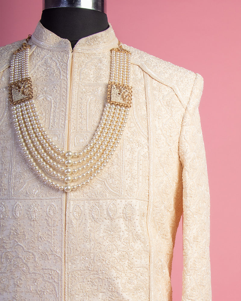 Cream Sherwani with Pyjama in Cotton with