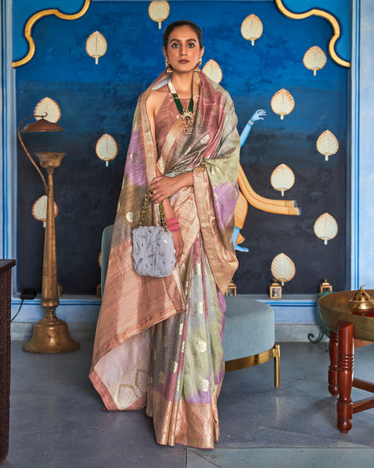 MultiColor Foil Printed Zari Woven Silk Saree With Unstitched Blouse