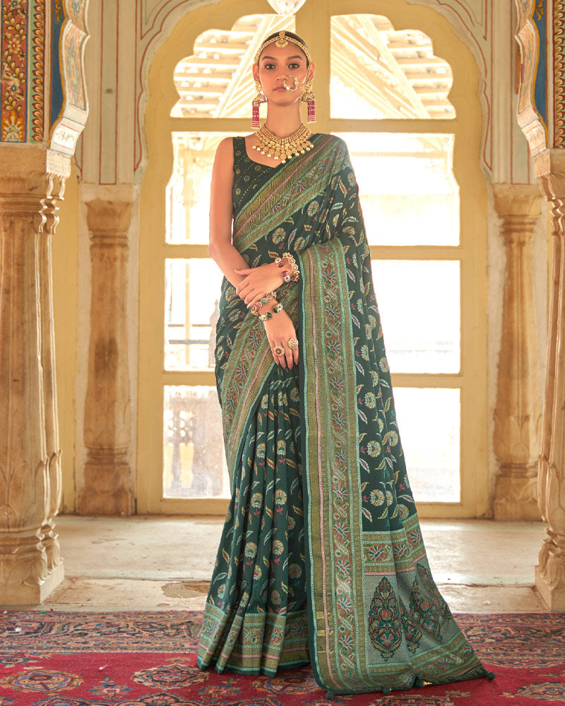 Lunar Green Floral Printed Saree With Unstitched Blouse