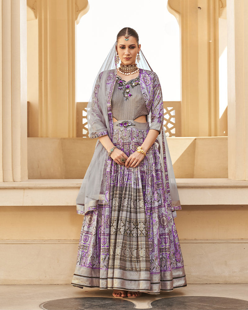 Lilac Printed Anarkali Dress With Dupatta