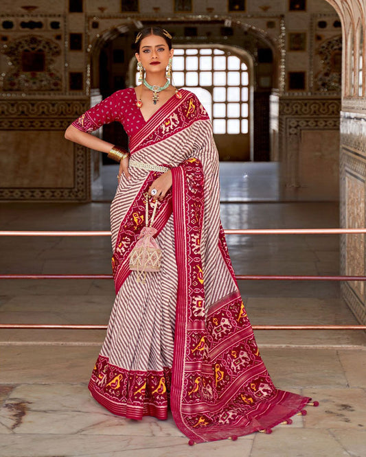 Off White Color Patola Cotton Silk Saree with Unstitched Blouse