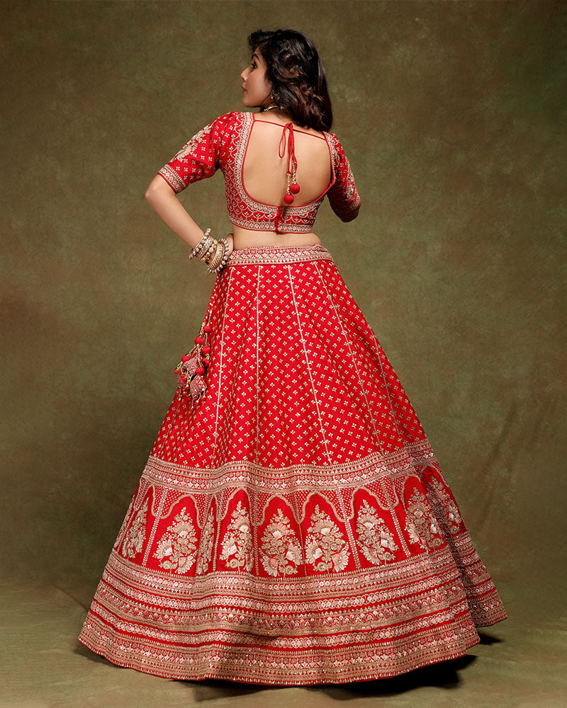 Red Bridal Lehenga Choli with Ready Made Blouse and Dupatta