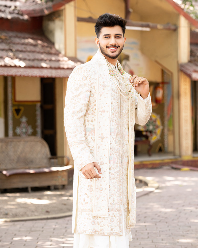 Ivory Jacquard Embroidered Silk Indo Western Sherwani