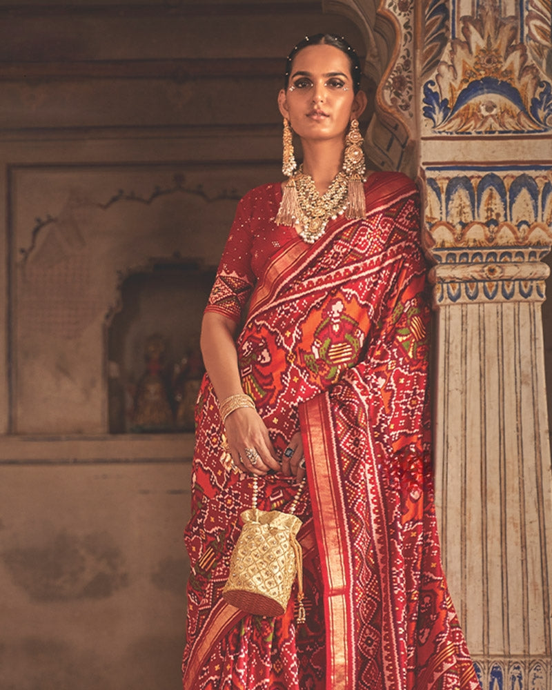 Ikkat Pure Silk Saree in Red with Unstitched Blouse