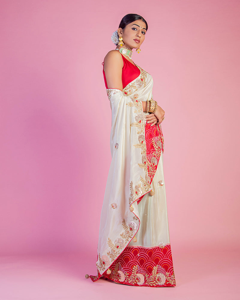 Cream Embroidered Saree With Broad Border