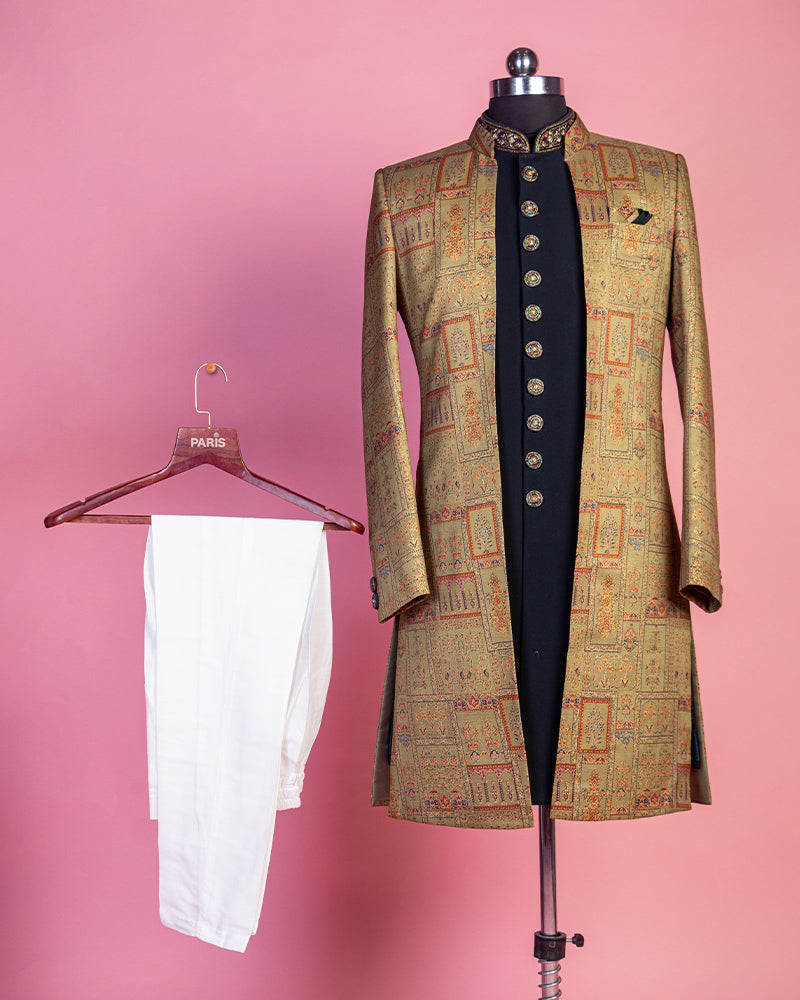 Black Kurta Golden Overcoat and Pyjama Set for Groom