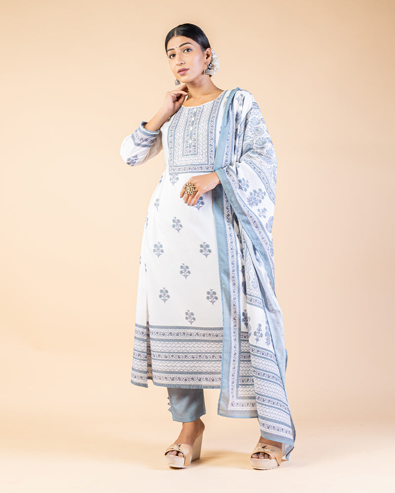 White Print Anarkali Suit With Dupatta