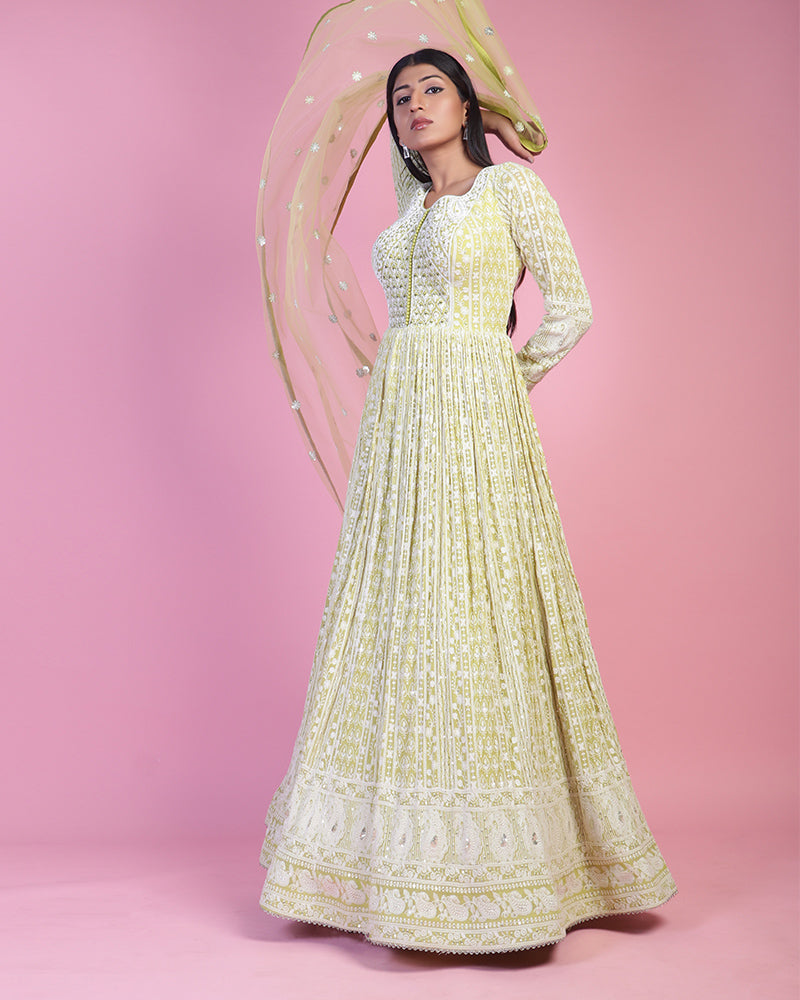 Lemon Yellow Silk Embroidered Anarkali Dress With Dupatta