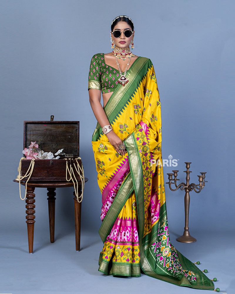 Yellow Patola Printed Viscose Silk Saree with Green Border and Unstitched Blouse