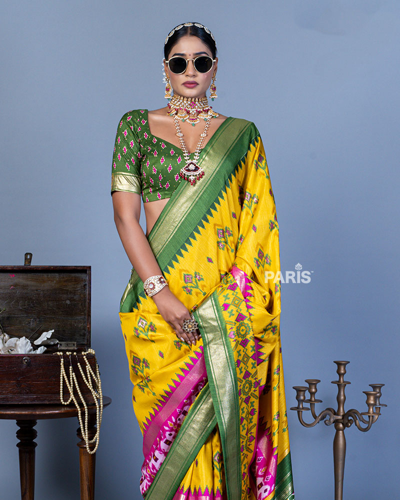 Yellow Patola Printed Viscose Silk Saree with Green Border and Unstitched Blouse