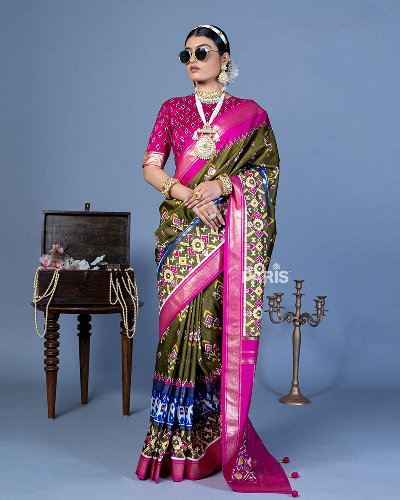 Olive Green Patola Printed Viscose Silk Saree with Pink Border and Unstitched Blouse
