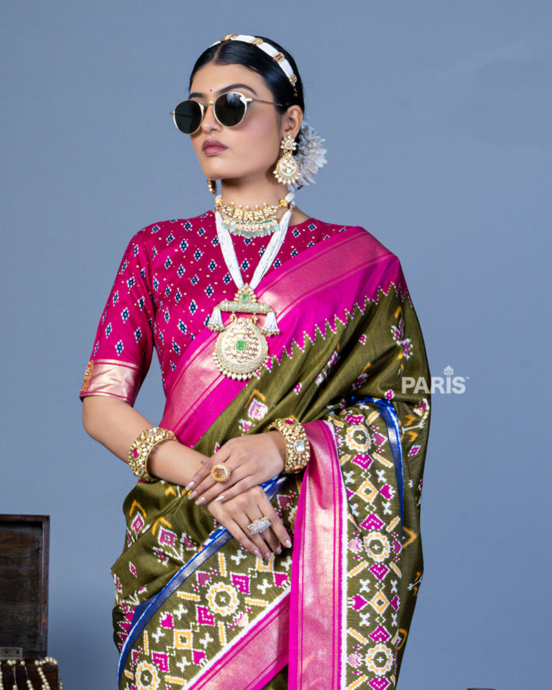 Olive Green Patola Printed Viscose Silk Saree with Pink Border and Unstitched Blouse