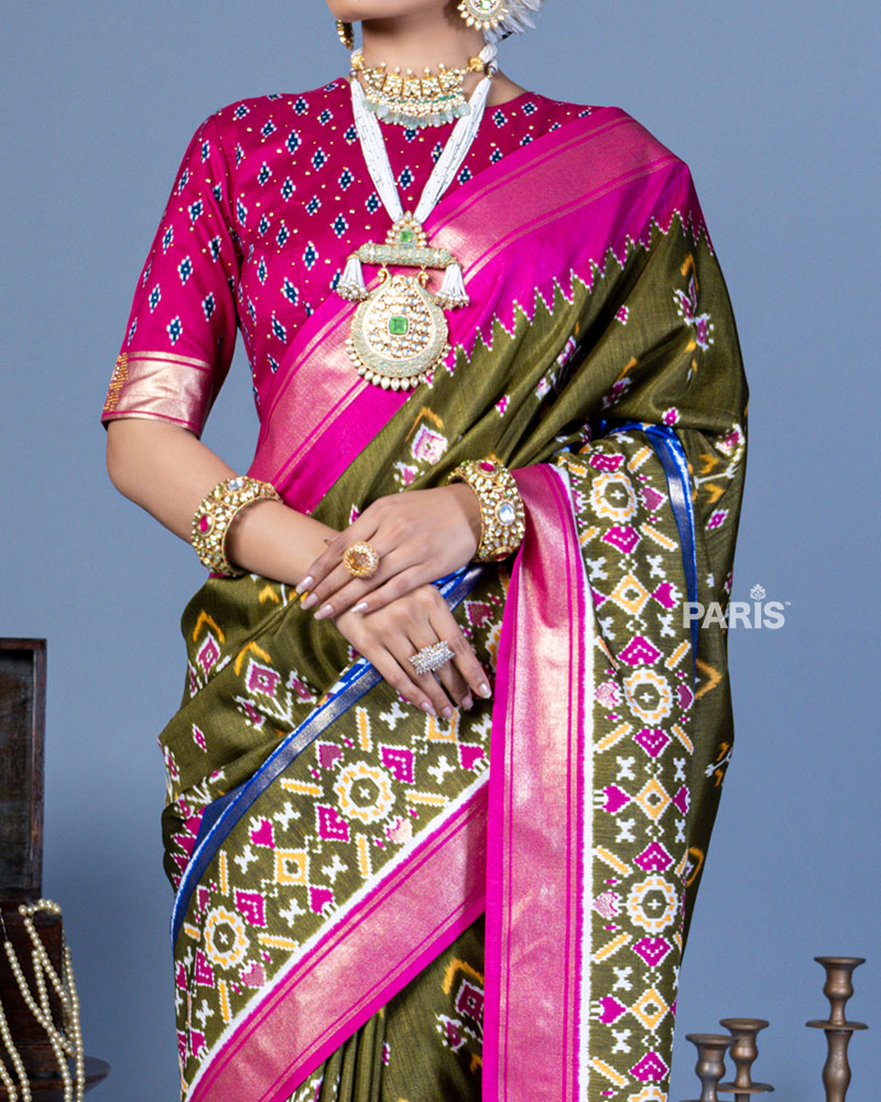Olive Green Patola Printed Viscose Silk Saree with Pink Border and Unstitched Blouse