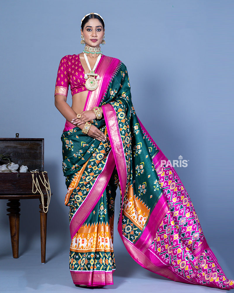 Deep Green Patola Printed Viscose Silk Saree with Pink Border and Unstitched Blouse