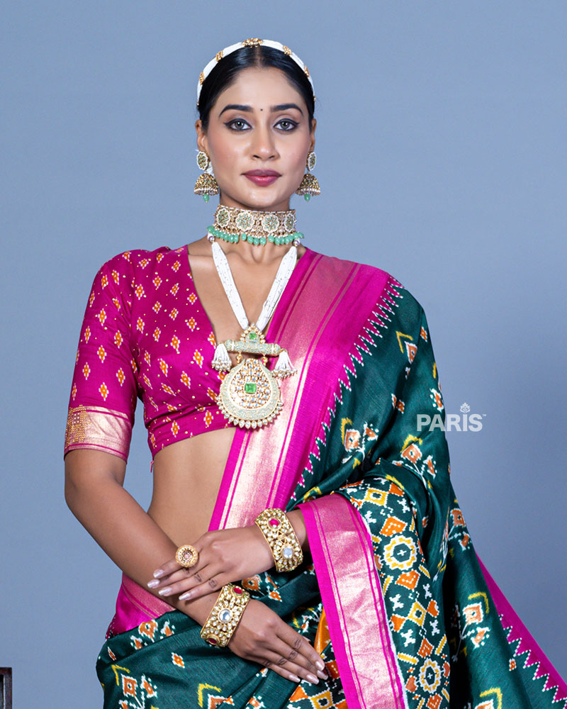 Deep Green Patola Printed Viscose Silk Saree with Pink Border and Unstitched Blouse