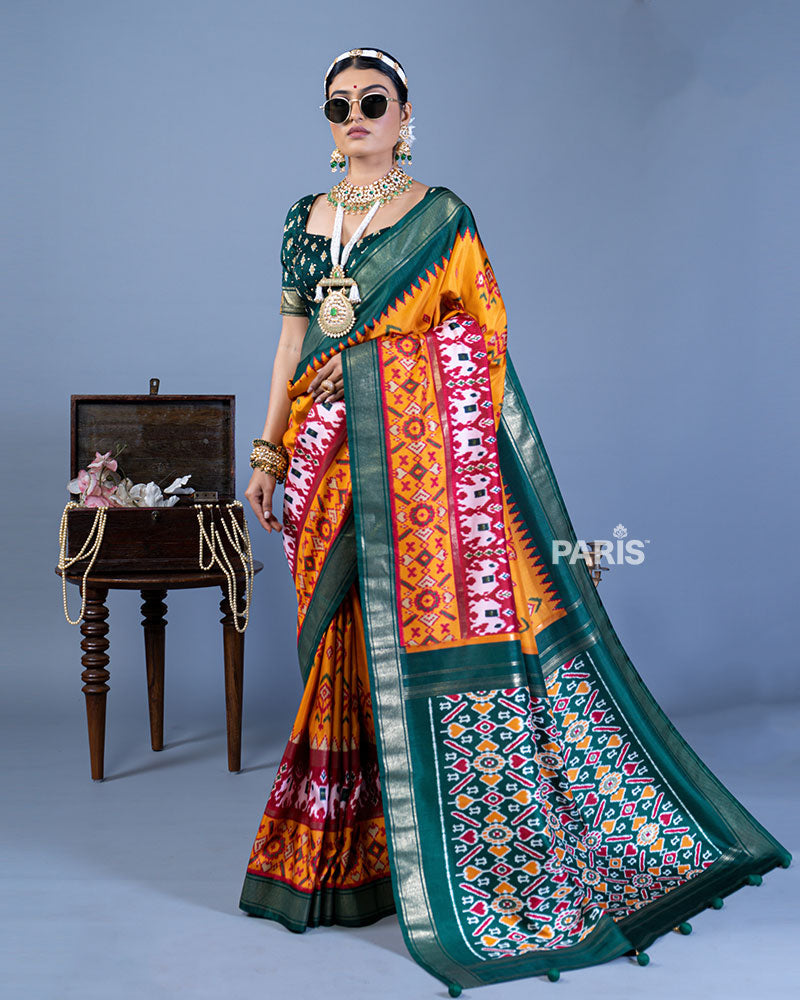 Mustard Yellow Patola Printed Viscose Silk Saree with Green Border and Unstitched Blouse