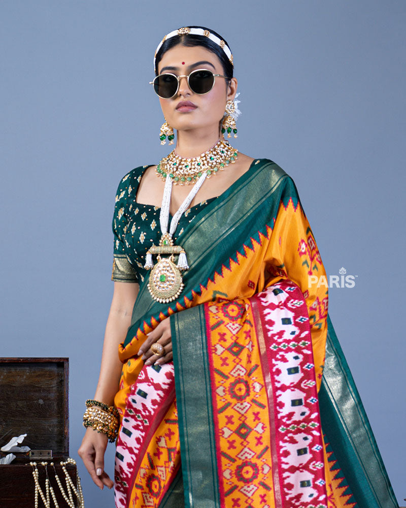Mustard Yellow Patola Printed Viscose Silk Saree with Green Border and Unstitched Blouse