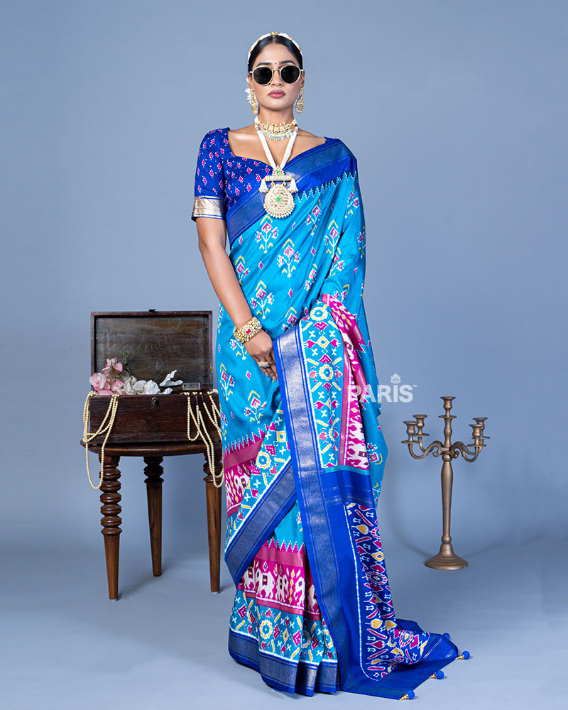 Light Blue Patola Printed Viscose Silk Saree with Royal Blue Border and Unstitched Blouse