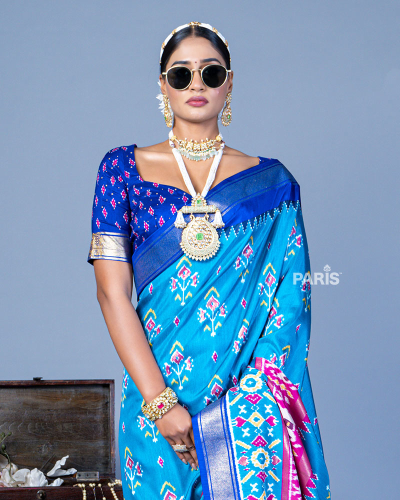 Light Blue Patola Printed Viscose Silk Saree with Royal Blue Border and Unstitched Blouse