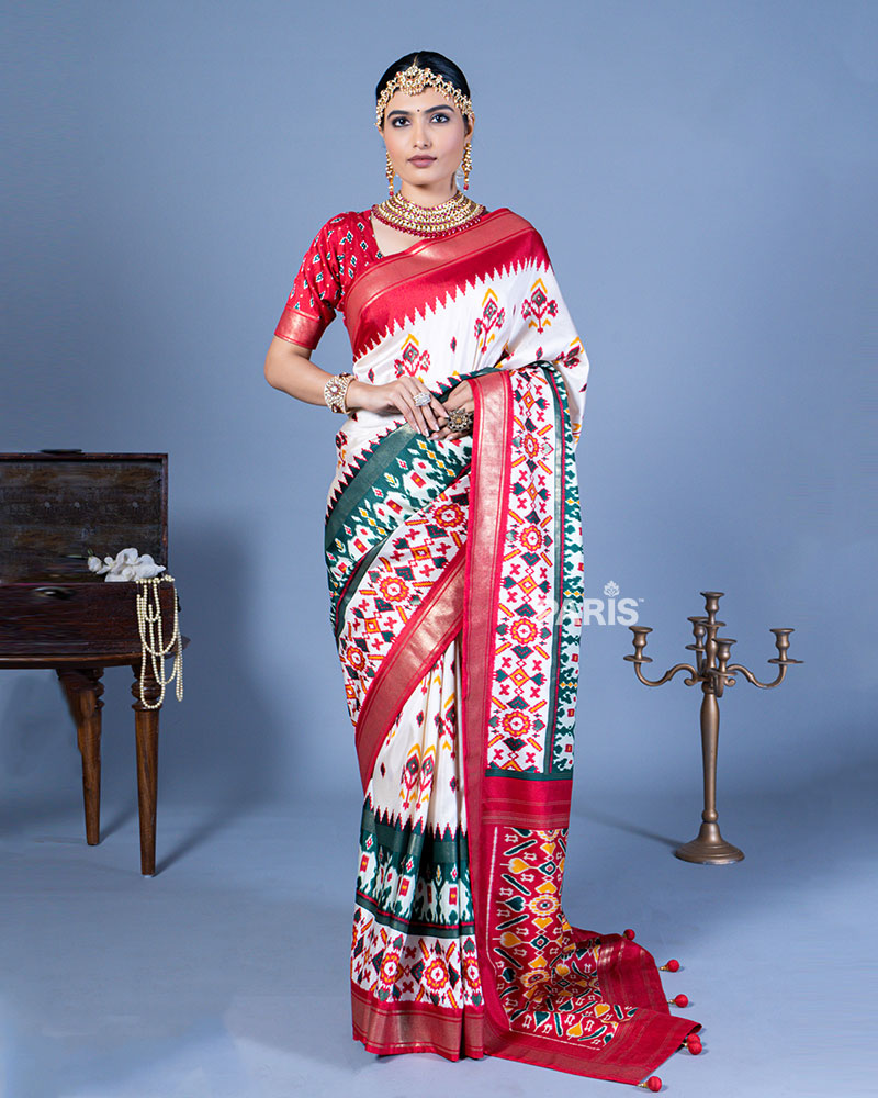 White Patola Printed Viscose Silk Saree with Red Border and Unstitched Blouse