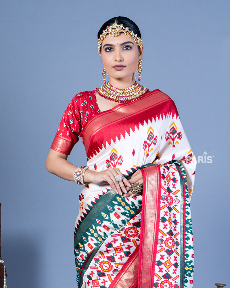 White Patola Printed Viscose Silk Saree with Red Border and Unstitched Blouse